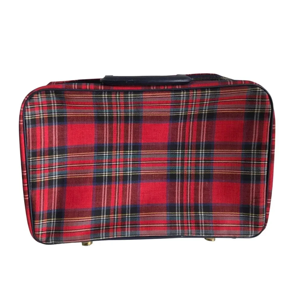 Vintage Red Plaid Travel Suitcase Carry On Luggage Train Case Locking